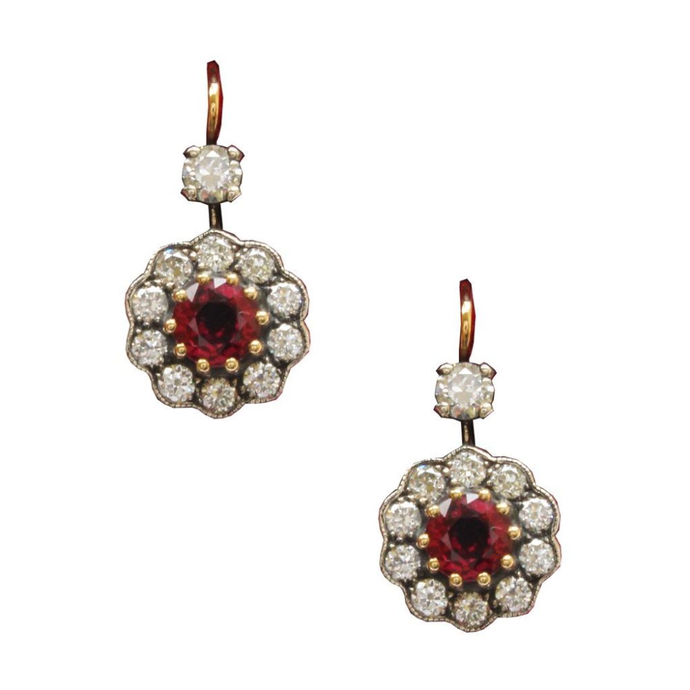 1.23ct Ruby & Diamond Cluster Drop Earrings