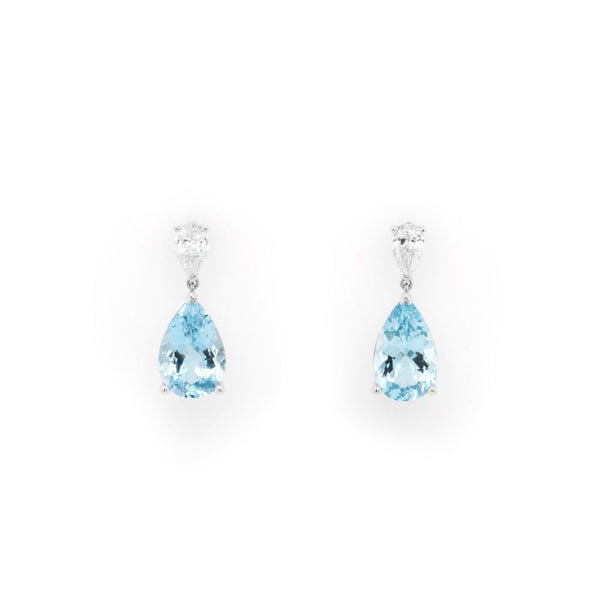 Aquamarine and diamond drop earrings in white gold.