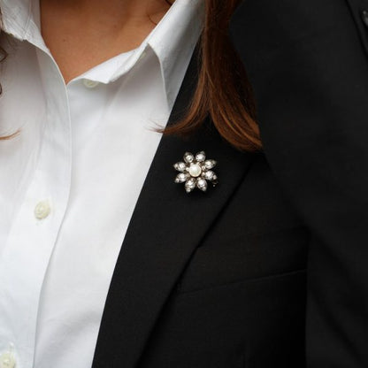 Antique Victorian Freshwater Pearl and Old Cut Diamond Flower Brooch Pendant, 3.28 carat total, Circa 1880s