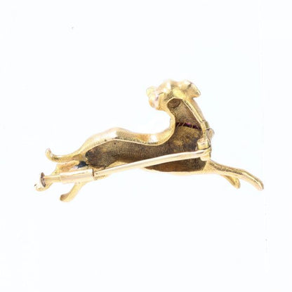 Antique Victorian 18ct Yellow Gold Dog Brooch with Diamond and Ruby decorated Collar