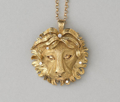 Vintage Gold Leo Lion Pendant with Diamonds; large 18ct yellow gold Lion decorated with five brilliant cut diamonds, wild mane and chased textures, France Circa 1970