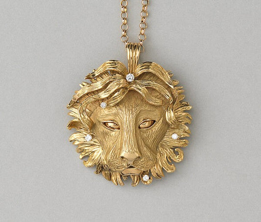 Vintage Gold Leo Lion Pendant with Diamonds; large 18ct yellow gold Lion decorated with five brilliant cut diamonds, wild mane and chased textures, France Circa 1970