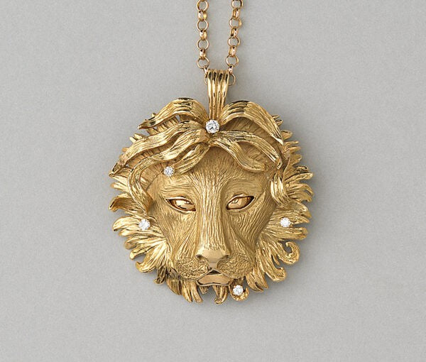 Vintage Gold Leo Lion Pendant with Diamonds; large 18ct yellow gold Lion decorated with five brilliant cut diamonds, wild mane and chased textures, France Circa 1970