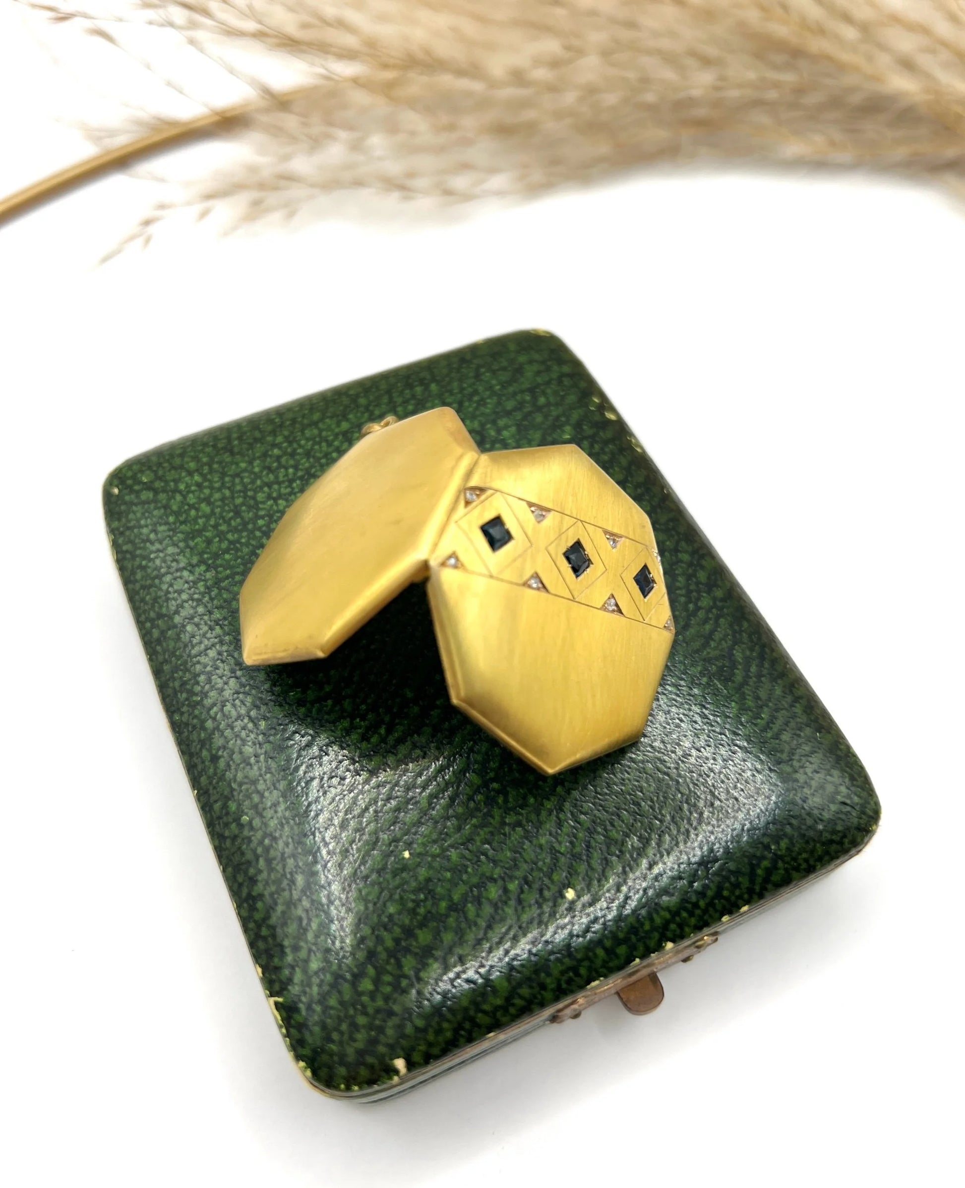 Vintage 15 Carat Yellow Gold Octagonal Shaped Sapphire and Diamond Locket, Circa 1930