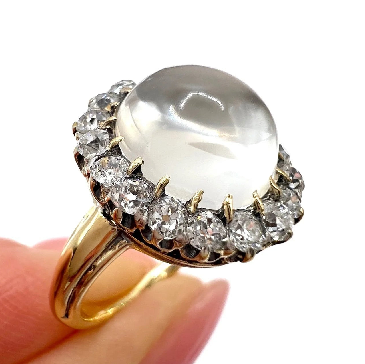 Victorian Antique Cabochon Moonstone and Diamond Cluster Ring