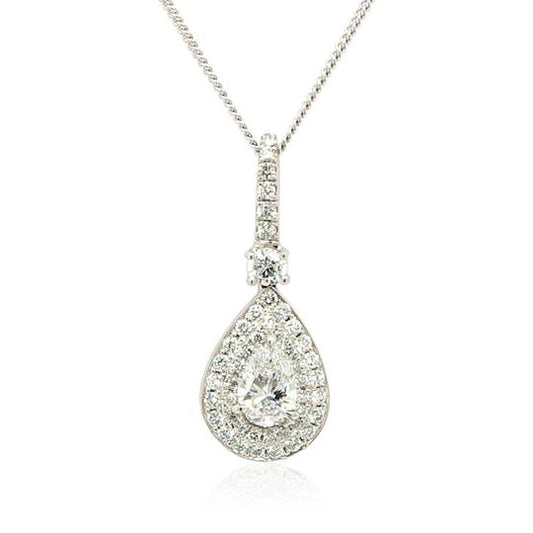 Diamond Pear Shaped Cluster Drop Pendant; 0.50ct Principal D VS1A pear-cut diamond surrounded by brilliant-cut diamonds, 18ct white gold, with GIA certificate