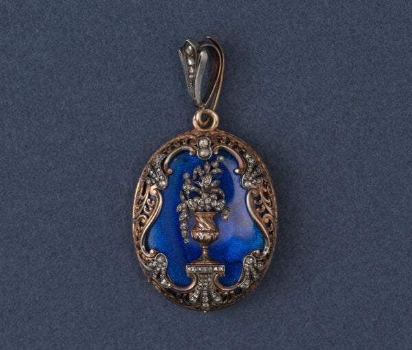 Antique Victorian Diamond Set Blue Enamel and 18ct Gold Locket; with a rose-cut diamond set border and bail, at the heart an urn with diamond flowers, 19th century