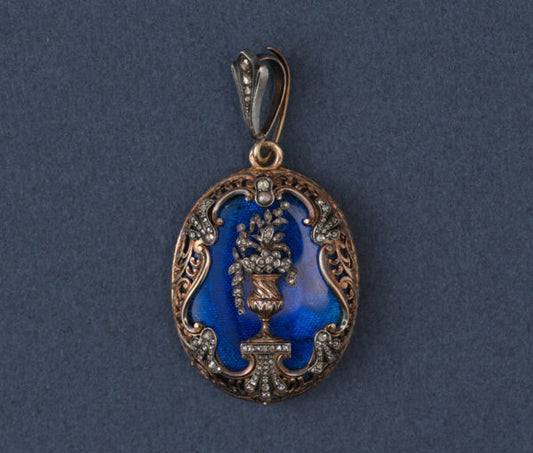 Antique Victorian Diamond Set Blue Enamel and 18ct Gold Locket; with a rose-cut diamond set border and bail, at the heart an urn with diamond flowers, 19th century