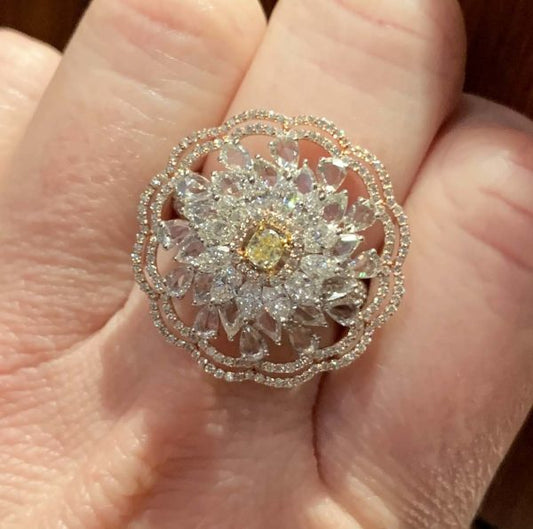 Fancy Yellow Diamond Floral Cluster Dress Ring, 3.79 carat total