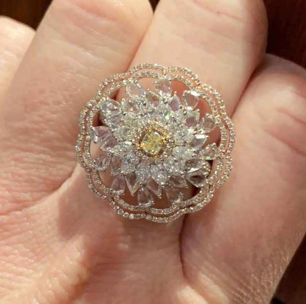 Fancy Yellow Diamond Floral Cluster Dress Ring, 3.79 carat total