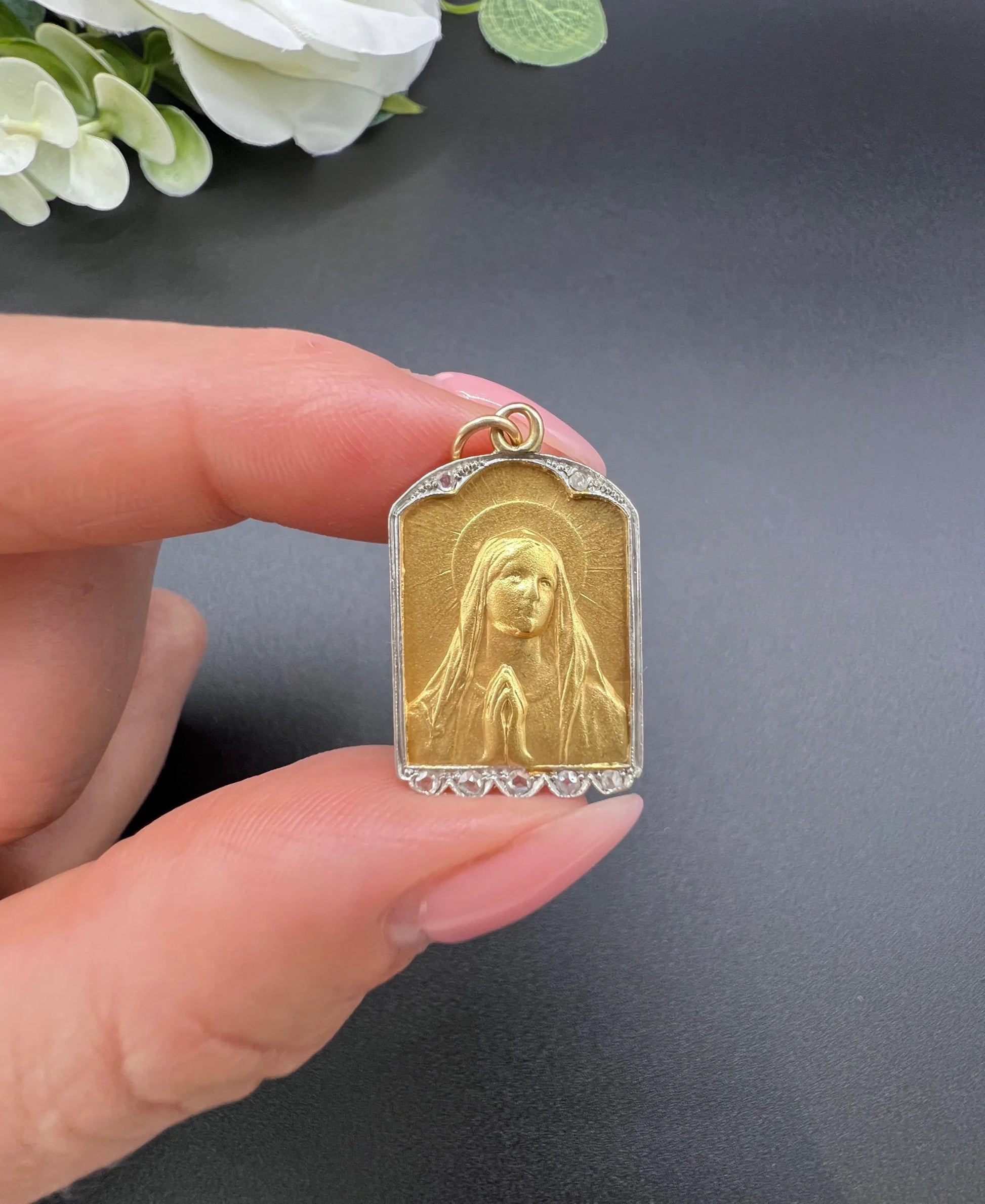 Antique 18 Carat Gold Diamond Set Madonna Religious Pendant, Circa 1910