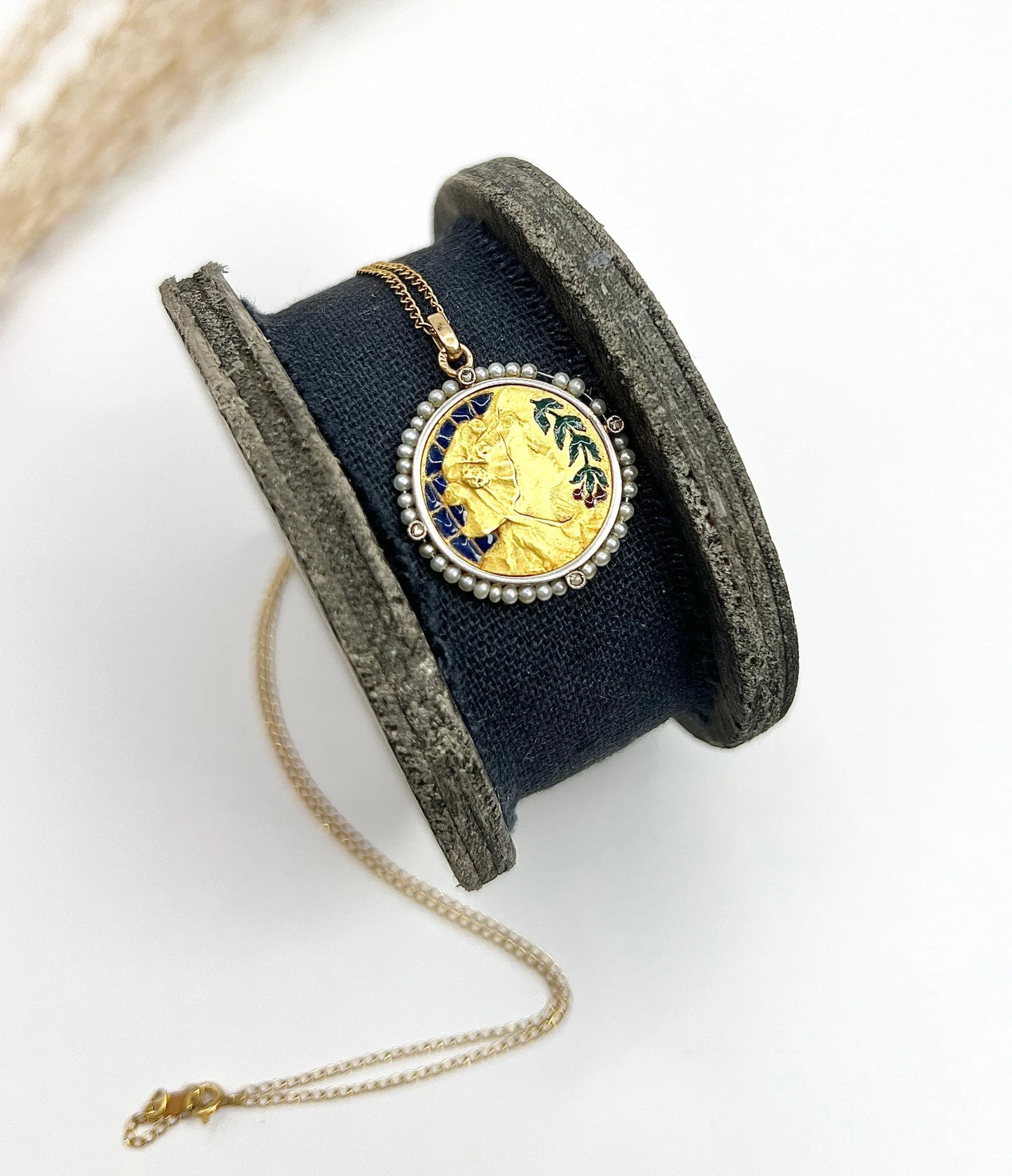 Antique 18 Carat Yellow Gold Plique a Jour and Seed Pearl Lady Portrait Pendant