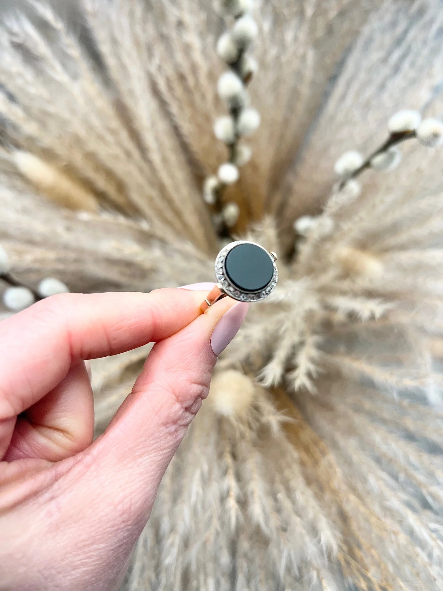 Art Deco Vintage Onyx and Diamond Halo Cluster Target Ring