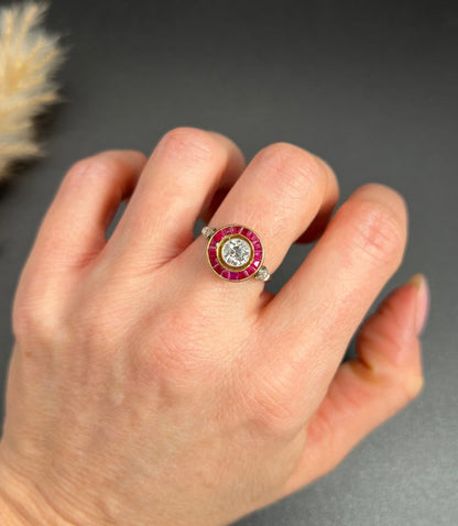 Antique Art Deco Diamond and Ruby Halo Target Cluster Engagement Ring