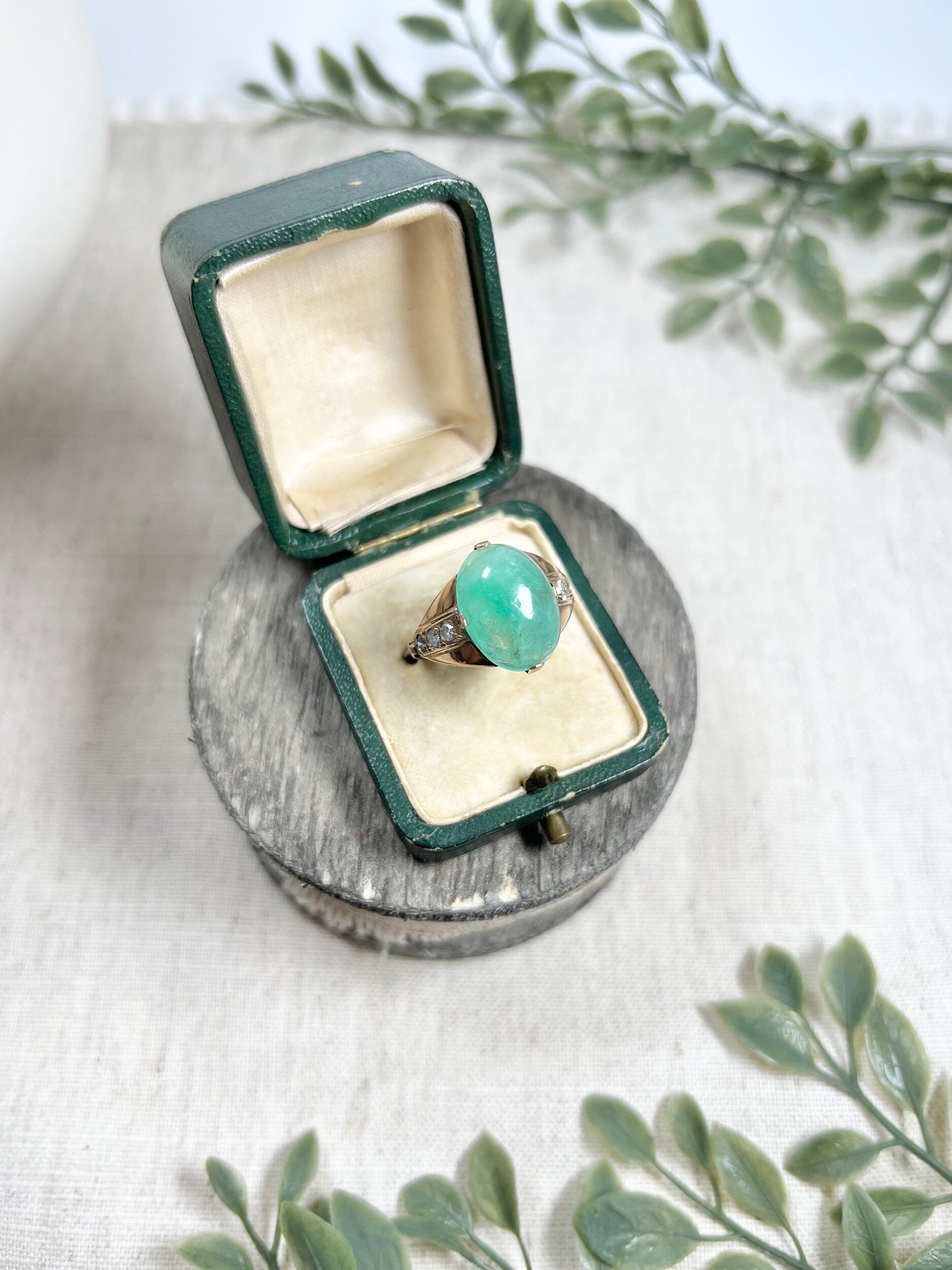 Vintage 14 Carat Rose Gold Cabochon Emerald and Diamond Ring, Circa 1960