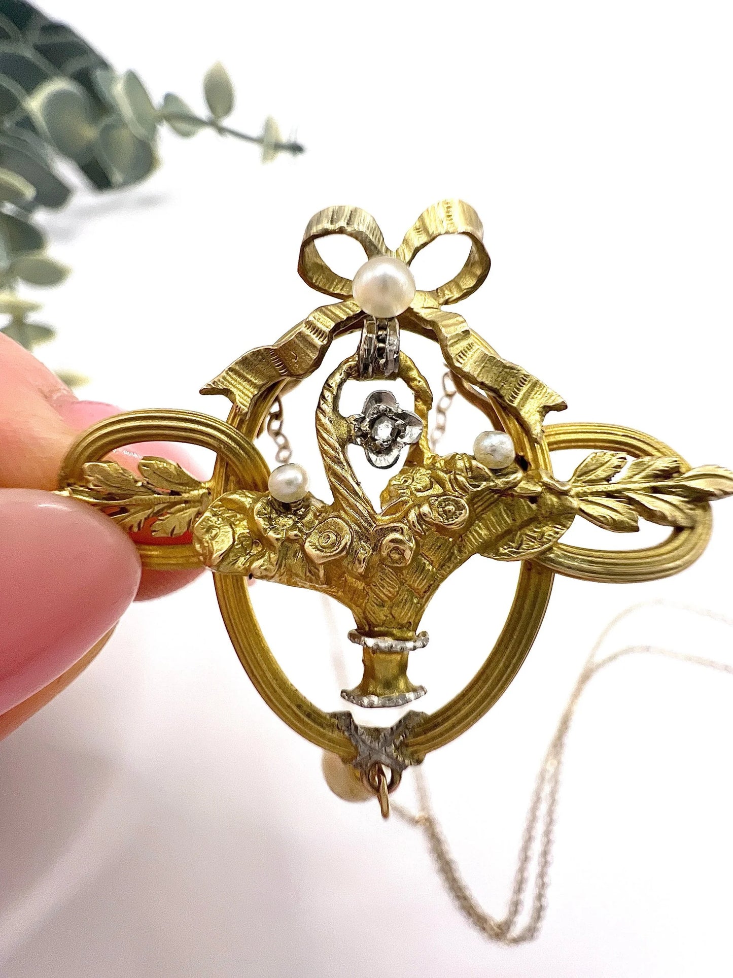 Antique 18 ct Gold, Edwardian Diamond And Seed Pearl Floral Basket Pendant Necklace