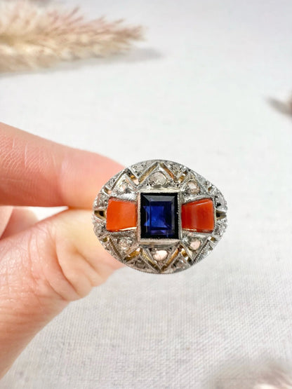 Antique 1920's Art Deco, 18 ct Gold And Platinum Sapphire, Coral And Diamond Dome Ring