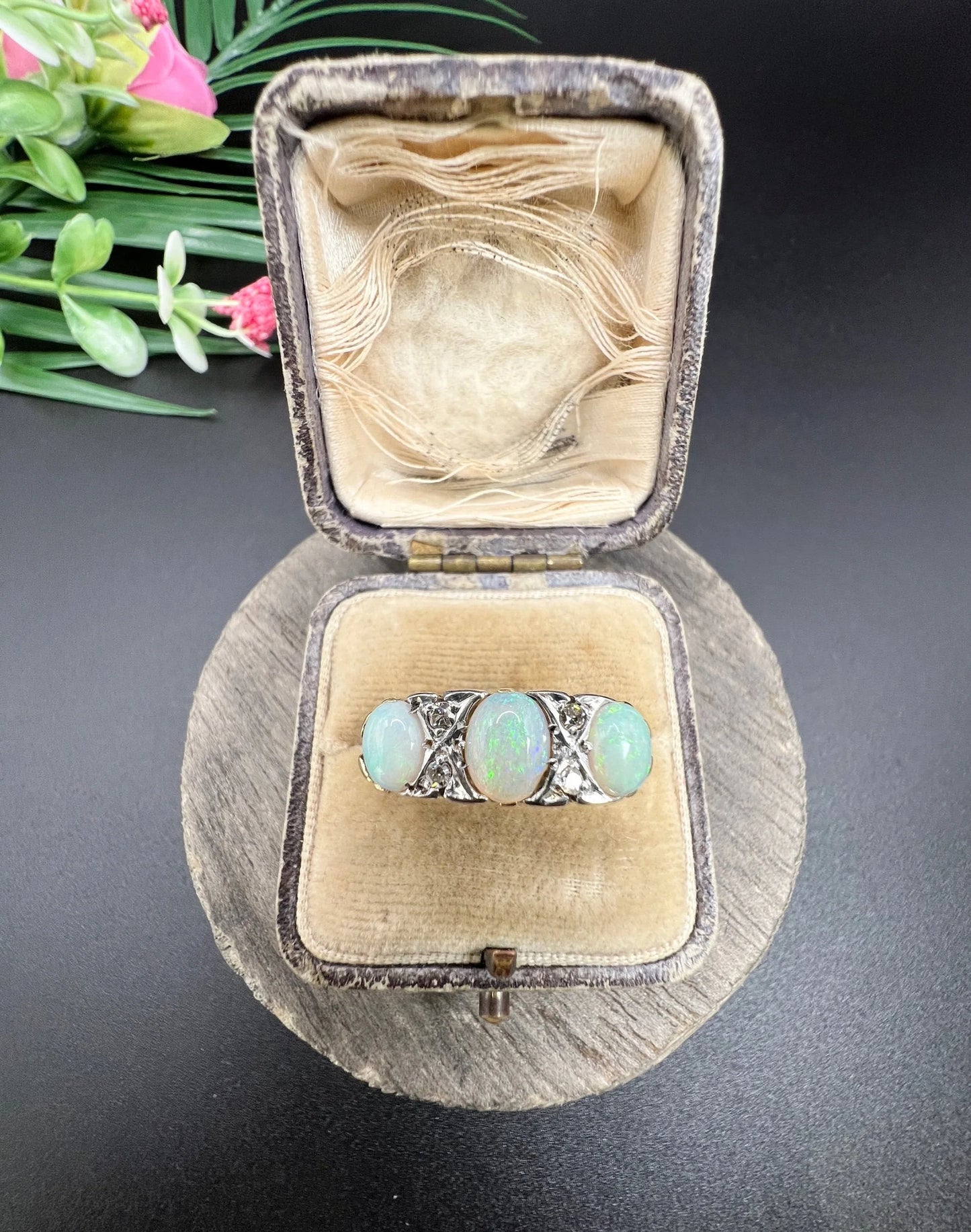Antique 18 Carat Yellow Gold and Platinum Opal and Diamond Seven Stone Ring, Circa 1910