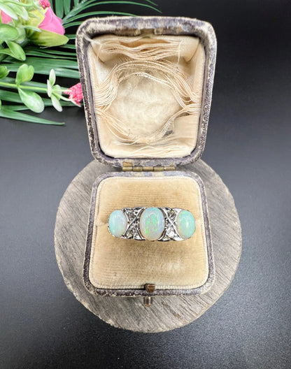 Antique 18 Carat Yellow Gold and Platinum Opal and Diamond Seven Stone Ring, Circa 1910