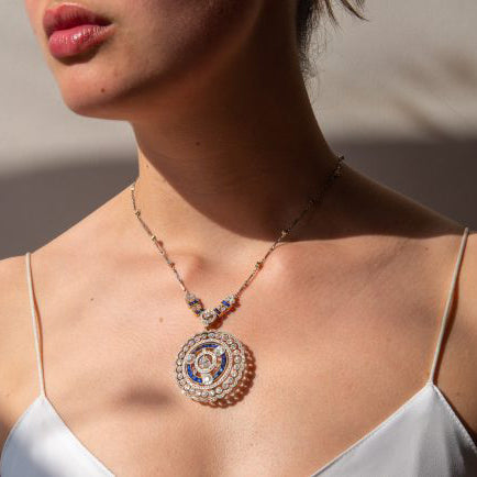 Art Deco 5.25ct Old Cut Diamond and Sapphire Pendant come Brooch