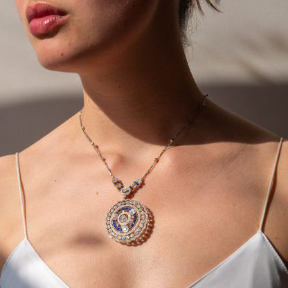 Art Deco 5.25ct Old Cut Diamond and Sapphire Pendant come Brooch