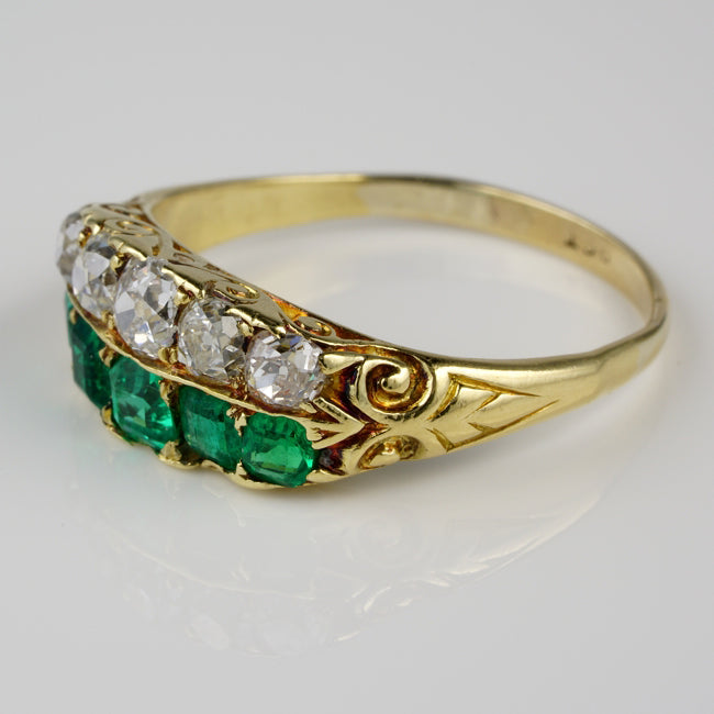 Antique Victorian Colombian Emerald and Old Mine Cut Diamond Double Row Five Stone Ring, Late 19th century, Circa 1870