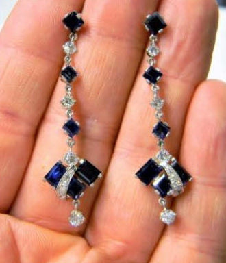 Vintage 1950s Geometric Sapphire and Diamond Drop Earrings, 4.50 carats