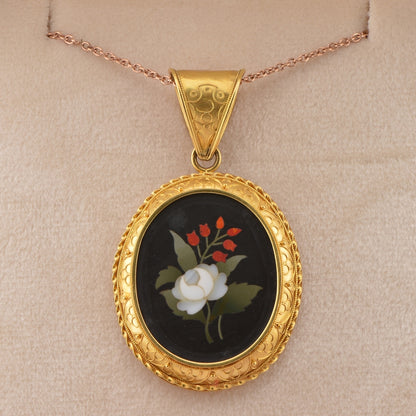 Victorian Antique Etruscan Revival Pietra Dura Pendant and Earring Suite