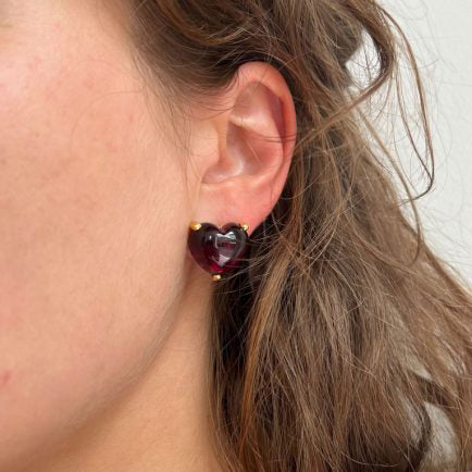 Steltman Dark Pink Red Tourmaline and Gold Heart Earrings
