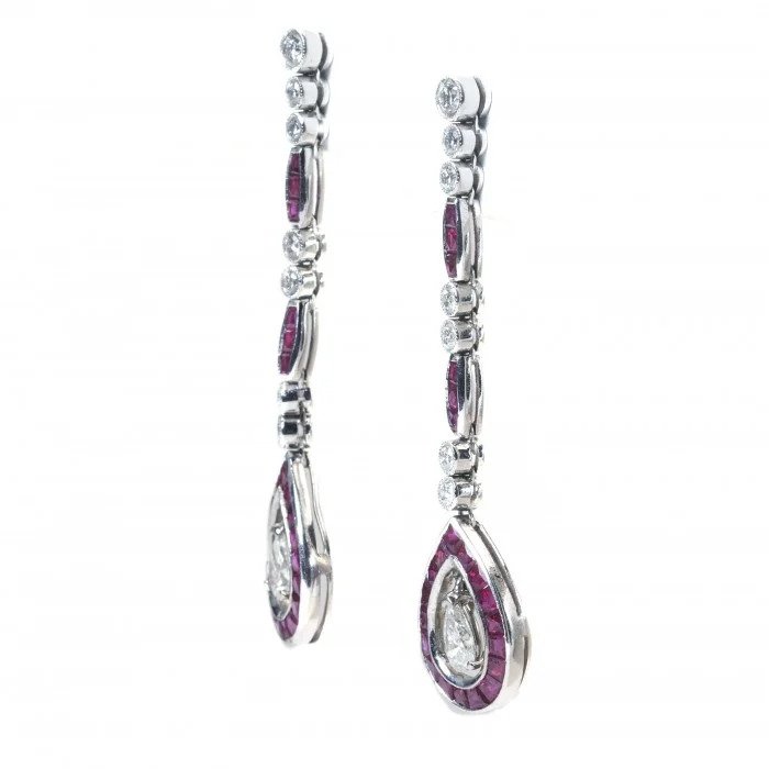 Contemporary Art Deco Style 2.90ct Ruby and Diamond Drop Earrings in Platinum
