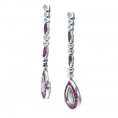 Contemporary Art Deco Style 2.90ct Ruby and Diamond Drop Earrings in Platinum