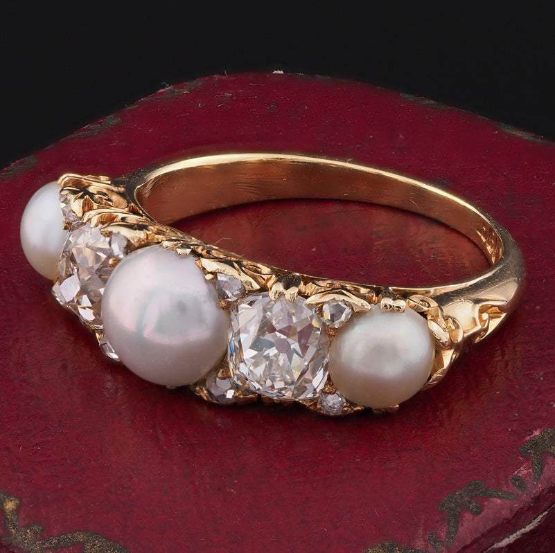 Antique Victorian 1.8ct Diamond and Natural Pearl Five Stone Ring