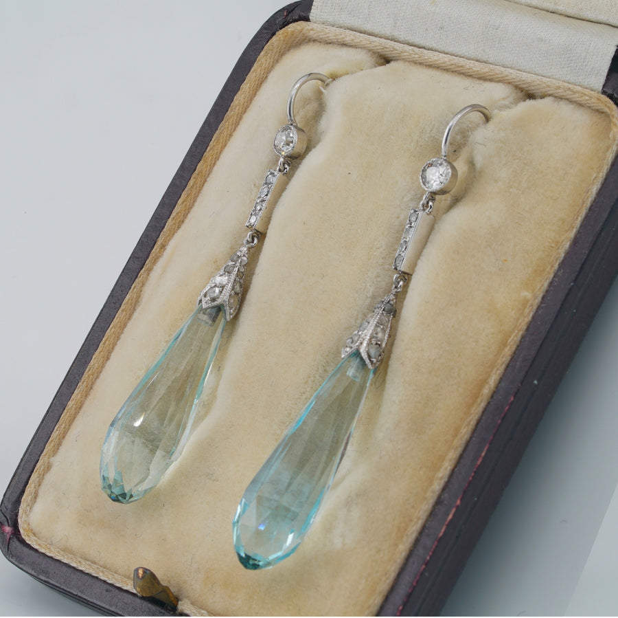 Art Deco 23cts Aquamarine and Old Cut Diamond Drop Earrings in Platinum
