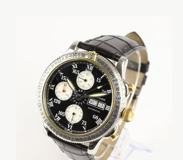 Longines Automatic Chronograph Special Series 42mm Stainless Steel Watch; black dial with day and date indicators (quick-set), chronograph sub-dials, rotating bezel, with luminous Roman numerals and hands, exhibition back, on black leather strap