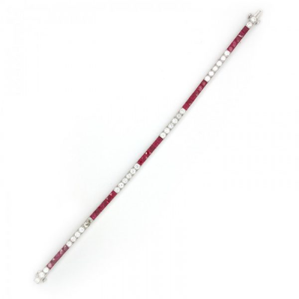 French Cut Ruby and Diamond Line Bracelet in Platinum, 23.50 carats