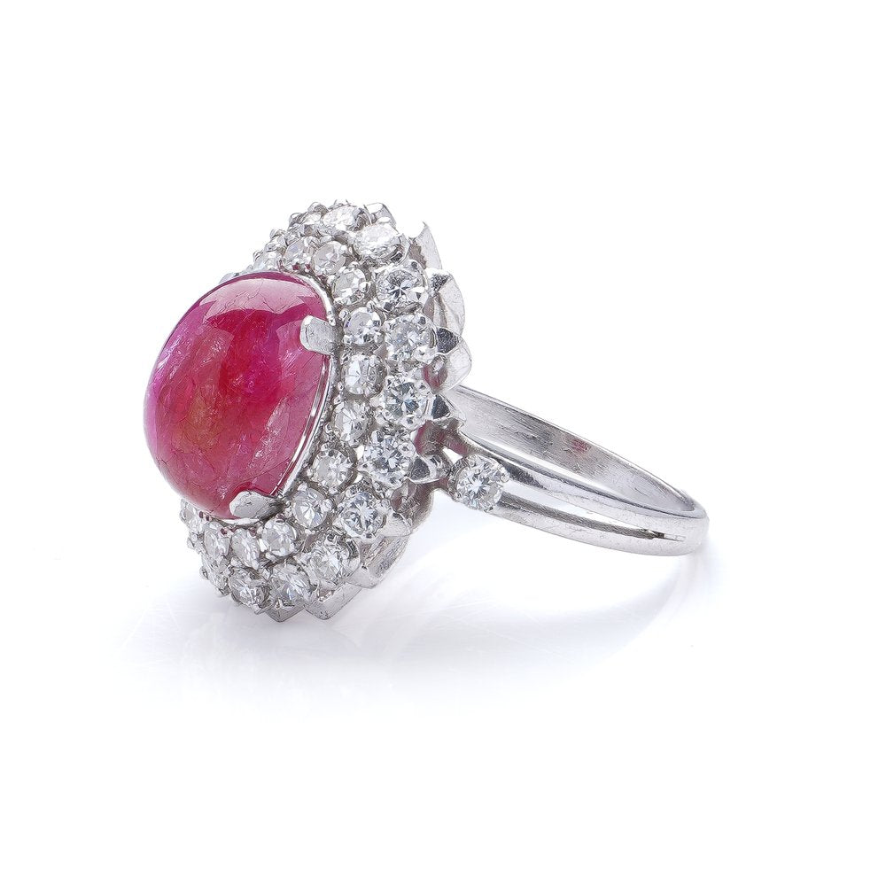 Vintage 6ct Cabochon Natural Ruby and Diamond Cluster Ring
