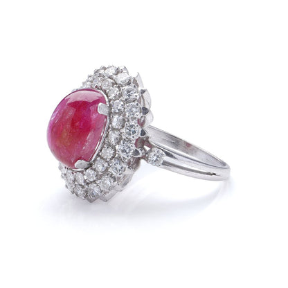 Vintage 6ct Cabochon Natural Ruby and Diamond Cluster Ring