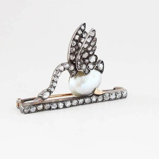 Antique Victorian Natural Pearl and Diamond Swan Brooch