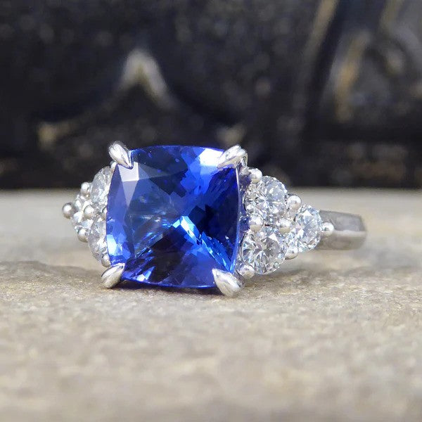 2.40ct Cushion Cut Tanzanite and Diamond Engagement Ring in Platinum