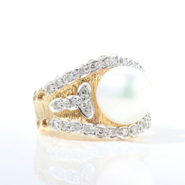 Vintage 1950s Pearl and Diamond Dress Ring in 18ct Yellow Gold