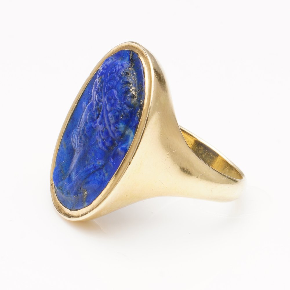 Antique Ancient Roman Emperor Lapis Lazuli and Gold Signet Ring; Second Century AD Roman Empire carved lapis lazuli depicting the iconic Hadrian Roman Emperor with later 18ct yellow gold shank