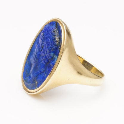Antique Ancient Roman Emperor Lapis Lazuli and Gold Signet Ring; Second Century AD Roman Empire carved lapis lazuli depicting the iconic Hadrian Roman Emperor with later 18ct yellow gold shank