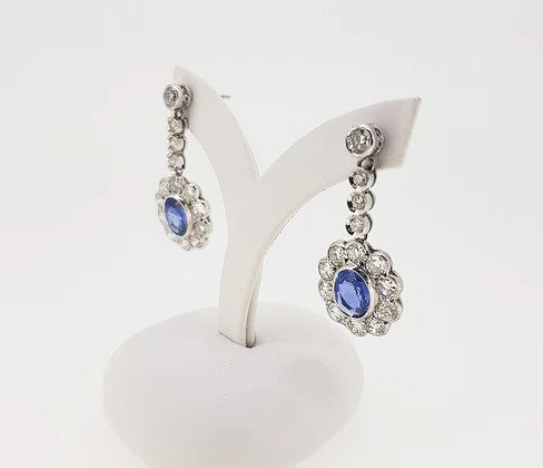 2.50ct Sapphire and Diamond Oval Floral Cluster Drop Earrings