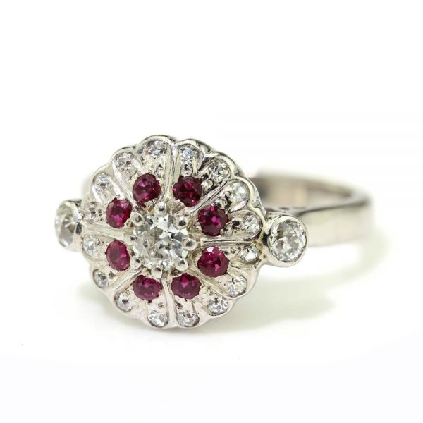 Vintage Ruby and Diamond Cluster Dress Ring in 18ct White Gold