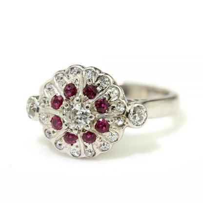 Vintage Ruby and Diamond Cluster Dress Ring in 18ct White Gold