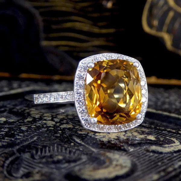 3.80ct Cushion Cut Citrine and Diamond Halo Cluster Engagement Ring