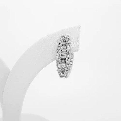 Baguette Cut Diamond Hoop Earrings; channel-set with baguette-cut diamonds with brilliant-cut diamond surround, 1.20 carat total, in 18ct white gold