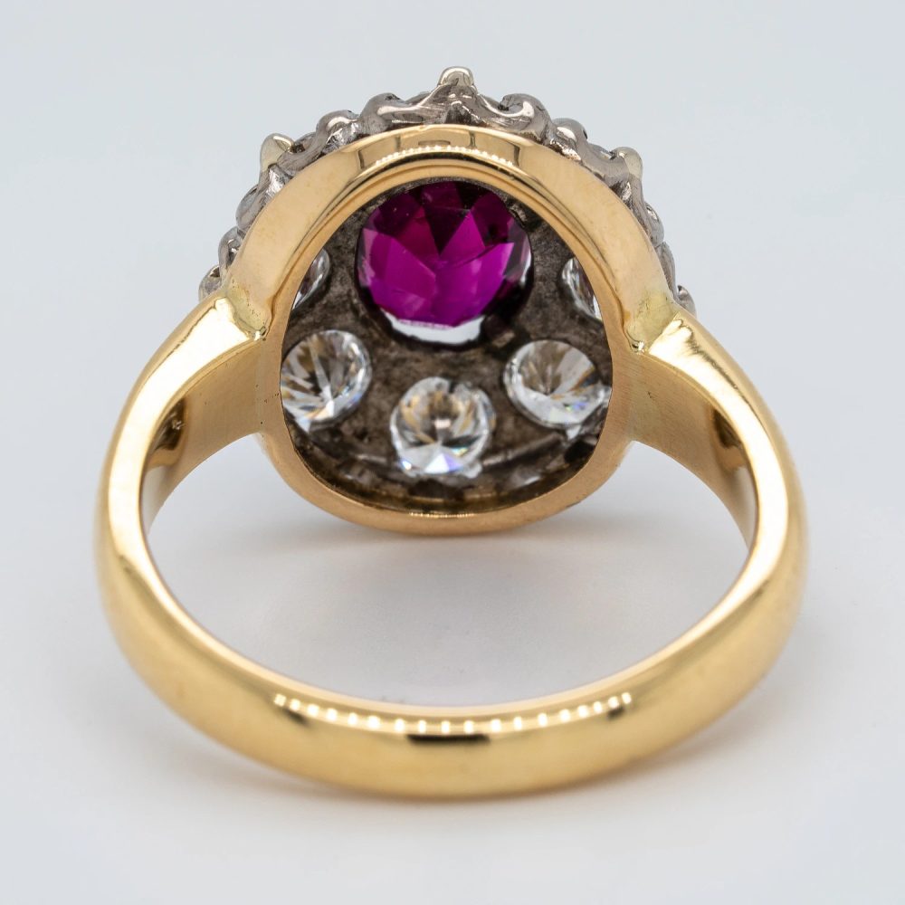 Vintage 1ct Ruby and 1.20ct Old Mine Cut Diamond Cluster Engagement Ring