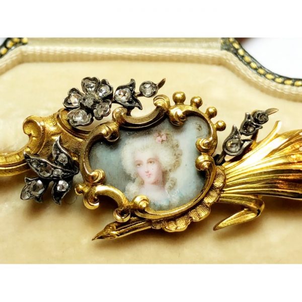 Antique French Diamond and Gold Portrait Brooch, Art Nouveau / Victorian, Circa 1890