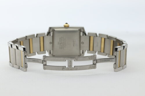 Cartier Tank Francaise 28mm Steel and Gold 2302 Automatic Wrist Watch, off-white guilloche dial, Roman numerals, date indicator, sapphire cabochon crown, sapphire crystal, Steel and gold bracelet with double-fold hidden clasp